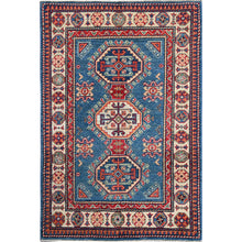 Load image into Gallery viewer, 2&#39;8&quot;x4&#39; Carolina Blue, Kazak with Tribal Design, Vegetable Dyes, Hand Knotted, Soft and Shiny Wool, Denser Weave, Sample, Mat, Oriental Rug Sh402 FWR2412