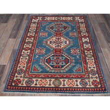 Load image into Gallery viewer, 2&#39;8&quot;x4&#39; Carolina Blue, Kazak With Tribal Design, Vegetable Dyes, Hand Knotted, Soft And Shiny Wool, Denser Weave, Sample, Mat, Oriental Rug FWR2412