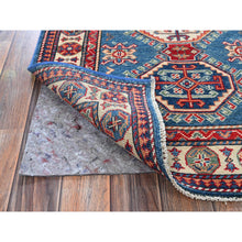 Load image into Gallery viewer, 2&#39;8&quot;x4&#39; Carolina Blue, Kazak with Tribal Design, Vegetable Dyes, Hand Knotted, Soft and Shiny Wool, Denser Weave, Sample, Mat, Oriental Rug Sh402 FWR2412