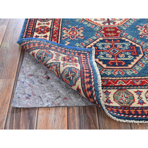 2'8"x4' Carolina Blue, Kazak with Tribal Design, Vegetable Dyes, Hand Knotted, Soft and Shiny Wool, Denser Weave, Sample, Mat, Oriental Rug Sh402 FWR2412