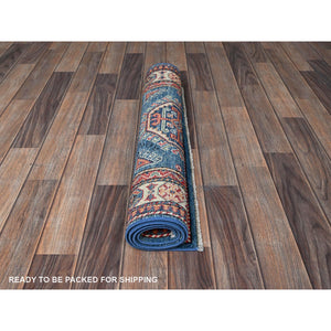 2'8"x4' Carolina Blue, Kazak with Tribal Design, Vegetable Dyes, Hand Knotted, Soft and Shiny Wool, Denser Weave, Sample, Mat, Oriental Rug Sh402 FWR2412