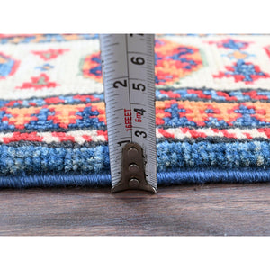 2'8"x4' Carolina Blue, Kazak with Tribal Design, Vegetable Dyes, Hand Knotted, Soft and Shiny Wool, Denser Weave, Sample, Mat, Oriental Rug Sh402 FWR2412