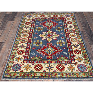 2'9"x4'1" Yonder Blue, Kazak with Tribal Design, Vegetable Dyes, Hand Knotted, Denser Weave, Soft and Shiny Wool, Sample, Mat, Oriental Rug Sh404 FWR2424