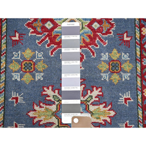 2'9"x4'1" Yonder Blue, Kazak with Tribal Design, Vegetable Dyes, Hand Knotted, Denser Weave, Soft and Shiny Wool, Sample, Mat, Oriental Rug Sh404 FWR2424