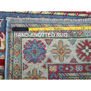 2'9"x4'1" Yonder Blue, Kazak with Tribal Design, Vegetable Dyes, Hand Knotted, Denser Weave, Soft and Shiny Wool, Sample, Mat, Oriental Rug Sh404 FWR2424