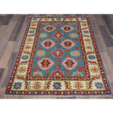Load image into Gallery viewer, 2&#39;10&quot;x4&#39; Maya Blue, Kazak with Tribal Design, Vegetable Dyes, Hand Knotted, Soft and Vibrant Wool, Denser Weave, Sample, Mat, Oriental Rug FWR2430
