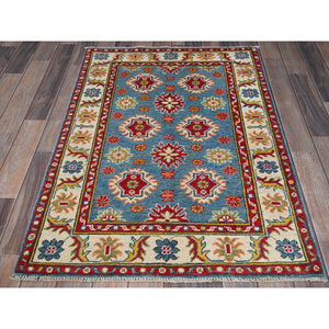 2'10"x4' Maya Blue, Kazak with Tribal Design, Vegetable Dyes, Hand Knotted, Soft and Vibrant Wool, Denser Weave, Sample, Mat, Oriental Rug FWR2430