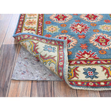 Load image into Gallery viewer, 2&#39;10&quot;x4&#39; Maya Blue, Kazak with Tribal Design, Vegetable Dyes, Hand Knotted, Soft and Vibrant Wool, Denser Weave, Sample, Mat, Oriental Rug FWR2430