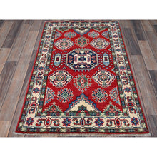 Load image into Gallery viewer, 2&#39;6&quot;x4&#39; Berry Red, Kazak With All Over Tribal Motifs, Hand Knotted, Soft And Shiny Wool, Vegetable Dyes, Denser Weave, Sample, Mat, Oriental Rug FWR2436