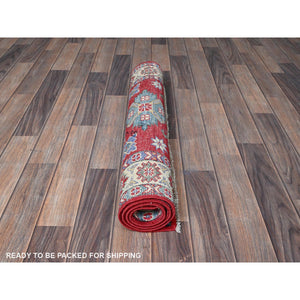 2'9"x4' Crimson Red, Kazak With Tribal Medallion Design, Hand Knotted, Soft And Vibrant Wool, Vegetable Dyes, Denser Weave, Sample, Mat, Oriental Rug FWR2442