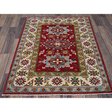 Load image into Gallery viewer, 3&#39;x4&#39; Crimson Red, Kazak With Geometric Medallions Design, Hand Knotted, Soft And Velvety Wool, Natural Dyes, Denser Weave, Oriental Rug FWR2460