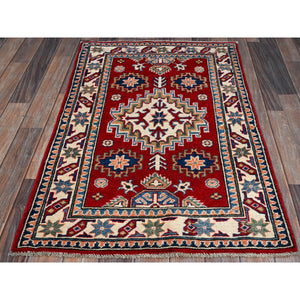 2'7"x4' Auburn Red, Kazak With Geometric Medallion Design, Vegetable Dyes, Hand Knotted, Soft And Velvety Wool, Denser Weave, Sample, Mat, Oriental Rug FWR2466