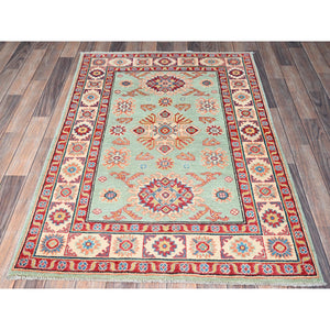 3'5"x5' Honeydew Green, Kazak With Tribal Design, Natural Dyes, Soft And Velvety Wool, Hand Knotted, Denser Weave, Oriental Rug FWR2478