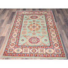 Load image into Gallery viewer, 3&#39;5&quot;x5&#39; Honeydew Green, Kazak With Tribal Design, Natural Dyes, Soft And Velvety Wool, Hand Knotted, Denser Weave, Oriental Rug FWR2478