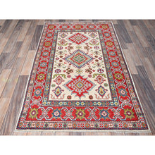 Load image into Gallery viewer, 3&#39;2&quot;x5&#39;3&quot; Pearl White, Hand Knotted, Kazak With Geometric Medallions Design, Soft And Velvety Wool, Vegetable Dyes, Denser Weave, Oriental Rug FWR2490