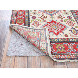 3'2"x5'3" Pearl White, Hand Knotted, Kazak With Geometric Medallions Design, Soft And Velvety Wool, Vegetable Dyes, Denser Weave, Oriental Rug FWR2490