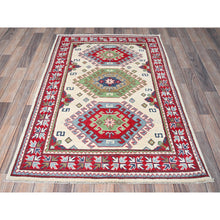 Load image into Gallery viewer, 3&#39;3&quot;x4&#39;10&quot; Alabaster White, Kazak With Geometric Medallions Design, Soft And Vibrant Wool, Hand Knotted, Vegetable Dyes, Denser Weave, Oriental Rug FWR2496