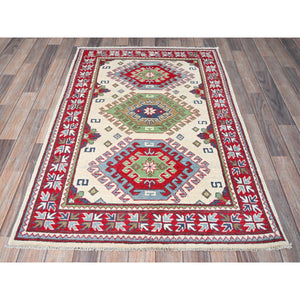 3'3"x4'10" Alabaster White, Kazak With Geometric Medallions Design, Soft And Vibrant Wool, Hand Knotted, Vegetable Dyes, Denser Weave, Oriental Rug FWR2496