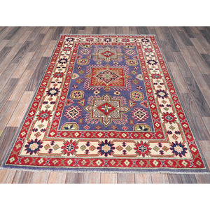 4'x6'1" Iris Purple, Kazak with Geometric Medallions Design, Hand Knotted, Soft and Shiny Wool, Vegetable Dyes, Denser Weave, Oriental Rug FWR2502