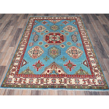 Load image into Gallery viewer, 4&#39;x6&#39; Baby Blue, Kazak with Geometric Medallions Design, Hand Knotted, Soft and Shiny Wool, Natural Dyes, Denser Weave, Oriental Rug FWR2508