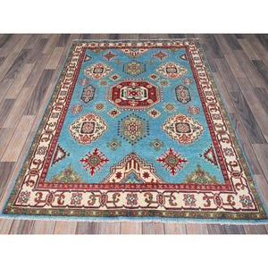 4'x6' Baby Blue, Kazak with Geometric Medallions Design, Hand Knotted, Soft and Shiny Wool, Natural Dyes, Denser Weave, Oriental Rug FWR2508