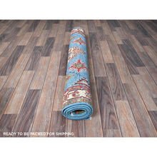 Load image into Gallery viewer, 4&#39;x6&#39; Baby Blue, Kazak with Geometric Medallions Design, Hand Knotted, Soft and Shiny Wool, Natural Dyes, Denser Weave, Oriental Rug FWR2508