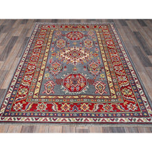 Load image into Gallery viewer, 4&#39;1&quot;x5&#39;10&quot; Pewter Gray, Kazak with Geometric Medallions Design, Soft and Shiny Wool, Hand Knotted, Vegetable Dyes, Denser Weave, Oriental Rug FWR2514