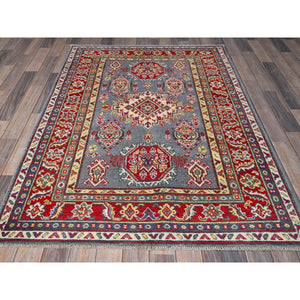 4'1"x5'10" Pewter Gray, Kazak with Geometric Medallions Design, Soft and Shiny Wool, Hand Knotted, Vegetable Dyes, Denser Weave, Oriental Rug FWR2514