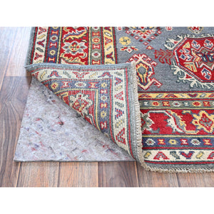 4'1"x5'10" Pewter Gray, Kazak with Geometric Medallions Design, Soft and Shiny Wool, Hand Knotted, Vegetable Dyes, Denser Weave, Oriental Rug FWR2514