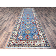 Load image into Gallery viewer, 4&#39;x13&#39; Bayern Blue, Kazak with Geometric Medallions Design, Hand Knotted, Denser Weave, Soft and Shiny Wool, Vegetable Dyes, Wide Runner, Oriental Rug FWR2520