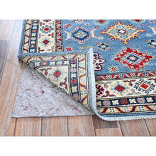 Load image into Gallery viewer, 4&#39;x13&#39; Bayern Blue, Kazak with Geometric Medallions Design, Hand Knotted, Denser Weave, Soft and Shiny Wool, Vegetable Dyes, Wide Runner, Oriental Rug FWR2520