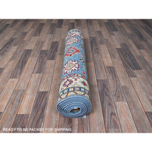Load image into Gallery viewer, 4&#39;x13&#39; Bayern Blue, Kazak with Geometric Medallions Design, Hand Knotted, Denser Weave, Soft and Shiny Wool, Vegetable Dyes, Wide Runner, Oriental Rug FWR2520
