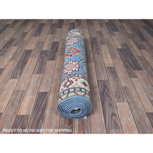 4'x13' Bayern Blue, Kazak with Geometric Medallions Design, Hand Knotted, Denser Weave, Soft and Shiny Wool, Vegetable Dyes, Wide Runner, Oriental Rug FWR2520
