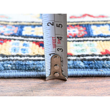 Load image into Gallery viewer, 4&#39;x13&#39; Bayern Blue, Kazak with Geometric Medallions Design, Hand Knotted, Denser Weave, Soft and Shiny Wool, Vegetable Dyes, Wide Runner, Oriental Rug FWR2520