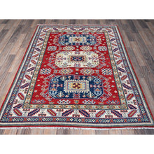 Load image into Gallery viewer, 4&#39;1&quot;x5&#39;6&quot; Crimson Red, Kazak with Geometric Medallions Design, Soft and Shiny Wool, Hand Knotted, Vegetable Dyes, Denser Weave, Oriental Rug FWR2526