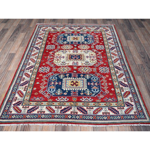 4'1"x5'6" Crimson Red, Kazak with Geometric Medallions Design, Soft and Shiny Wool, Hand Knotted, Vegetable Dyes, Denser Weave, Oriental Rug FWR2526