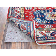 Load image into Gallery viewer, 4&#39;1&quot;x5&#39;6&quot; Crimson Red, Kazak With Geometric Medallions Design, Soft And Shiny Wool, Hand Knotted, Vegetable Dyes, Denser Weave, Oriental Rug FWR2526