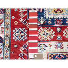 Load image into Gallery viewer, 4&#39;1&quot;x5&#39;6&quot; Crimson Red, Kazak with Geometric Medallions Design, Soft and Shiny Wool, Hand Knotted, Vegetable Dyes, Denser Weave, Oriental Rug FWR2526
