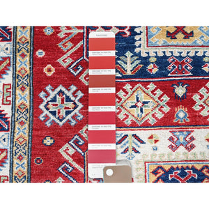 4'1"x5'6" Crimson Red, Kazak with Geometric Medallions Design, Soft and Shiny Wool, Hand Knotted, Vegetable Dyes, Denser Weave, Oriental Rug FWR2526