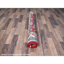 Load image into Gallery viewer, 4&#39;1&quot;x5&#39;6&quot; Crimson Red, Kazak with Geometric Medallions Design, Soft and Shiny Wool, Hand Knotted, Vegetable Dyes, Denser Weave, Oriental Rug FWR2526