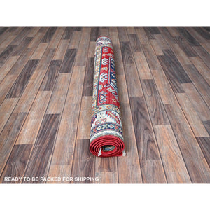 4'1"x5'6" Crimson Red, Kazak with Geometric Medallions Design, Soft and Shiny Wool, Hand Knotted, Vegetable Dyes, Denser Weave, Oriental Rug FWR2526