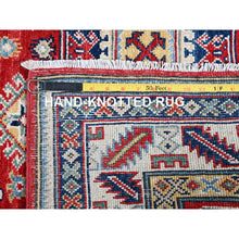 Load image into Gallery viewer, 4&#39;1&quot;x5&#39;6&quot; Crimson Red, Kazak With Geometric Medallions Design, Soft And Shiny Wool, Hand Knotted, Vegetable Dyes, Denser Weave, Oriental Rug FWR2526