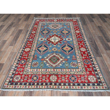 Load image into Gallery viewer, 3&#39;10&quot;x6&#39;3&quot; Ruddy Blue, Kazak with Geometric Medallions Design, Soft and Shiny Wool, Hand Knotted, Vegetable Dyes, Denser Weave, Oriental Rug FWR2532