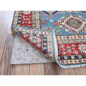 3'10"x6'3" Ruddy Blue, Kazak with Geometric Medallions Design, Soft and Shiny Wool, Hand Knotted, Vegetable Dyes, Denser Weave, Oriental Rug FWR2532