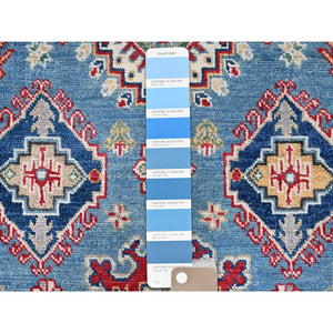 3'10"x6'3" Ruddy Blue, Kazak with Geometric Medallions Design, Soft and Shiny Wool, Hand Knotted, Vegetable Dyes, Denser Weave, Oriental Rug FWR2532