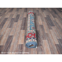 Load image into Gallery viewer, 3&#39;10&quot;x6&#39;3&quot; Ruddy Blue, Kazak with Geometric Medallions Design, Soft and Shiny Wool, Hand Knotted, Vegetable Dyes, Denser Weave, Oriental Rug FWR2532
