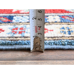 3'10"x6'3" Ruddy Blue, Kazak with Geometric Medallions Design, Soft and Shiny Wool, Hand Knotted, Vegetable Dyes, Denser Weave, Oriental Rug FWR2532