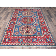 Load image into Gallery viewer, 4&#39;1&quot;x6&#39; Carolina Blue, Kazak with Geometric Medallions Design, Hand Knotted, Soft and Vibrant Wool, Vegetable Dyes, Denser Weave, Oriental Rug FWR2538
