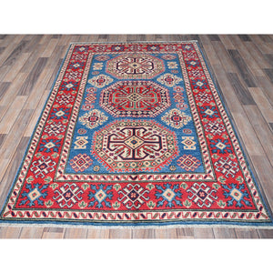 4'1"x6' Carolina Blue, Kazak with Geometric Medallions Design, Hand Knotted, Soft and Vibrant Wool, Vegetable Dyes, Denser Weave, Oriental Rug FWR2538