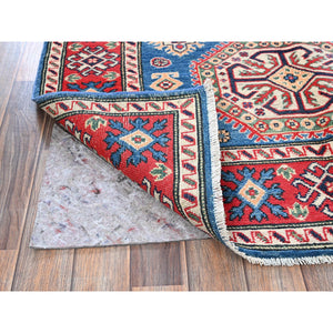 4'1"x6' Carolina Blue, Kazak with Geometric Medallions Design, Hand Knotted, Soft and Vibrant Wool, Vegetable Dyes, Denser Weave, Oriental Rug FWR2538